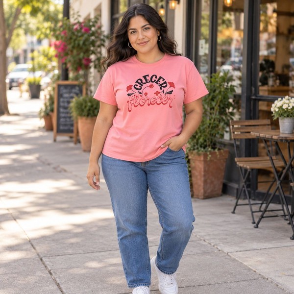 JZD Pink Floral Graphic Tee L Retro Streetwear Spanish Slogan T-Shirt