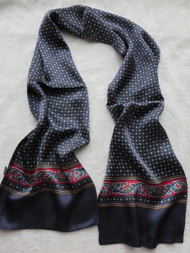 Men's 100 Silk Scarf Cravat Long Neckerchief Double Layer Blue Black - Picture 7 of 34