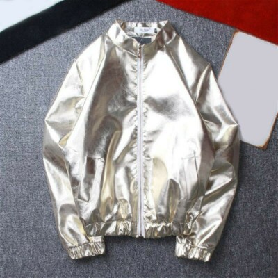 Men Shiny Bomber Jacket Silver Gold Reflective Zip Top Hip Hop
