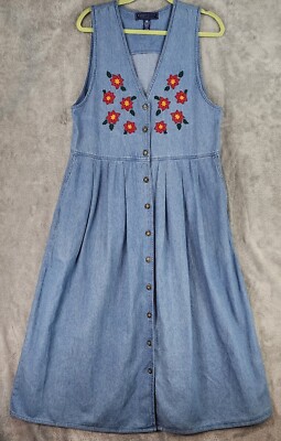 Karen Scott Dress Womens Medium Blue Denim Floral Embroidered