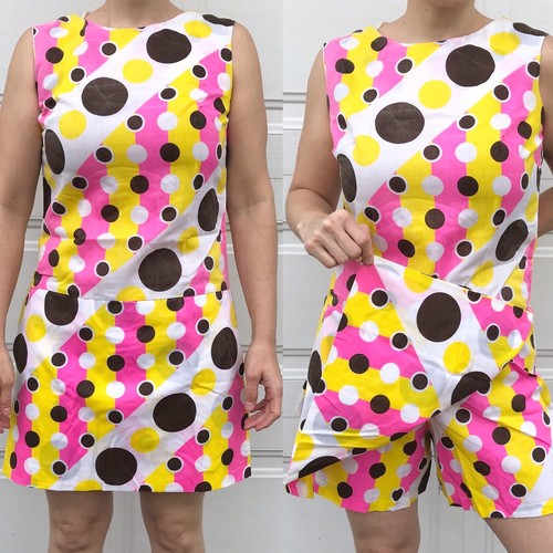 romper skort 60s mod handmade true vintage vtg pink yellow go go psychedelic S M