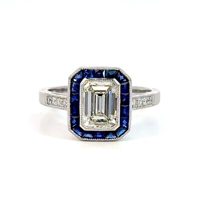 Sophia D. Emerald Cut Diamond With French Cut Sapphire Halo Ring Size 6.5 J1079