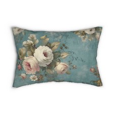 Pink And White Roses On Blue Background Two-Sided Lumbar Pillow