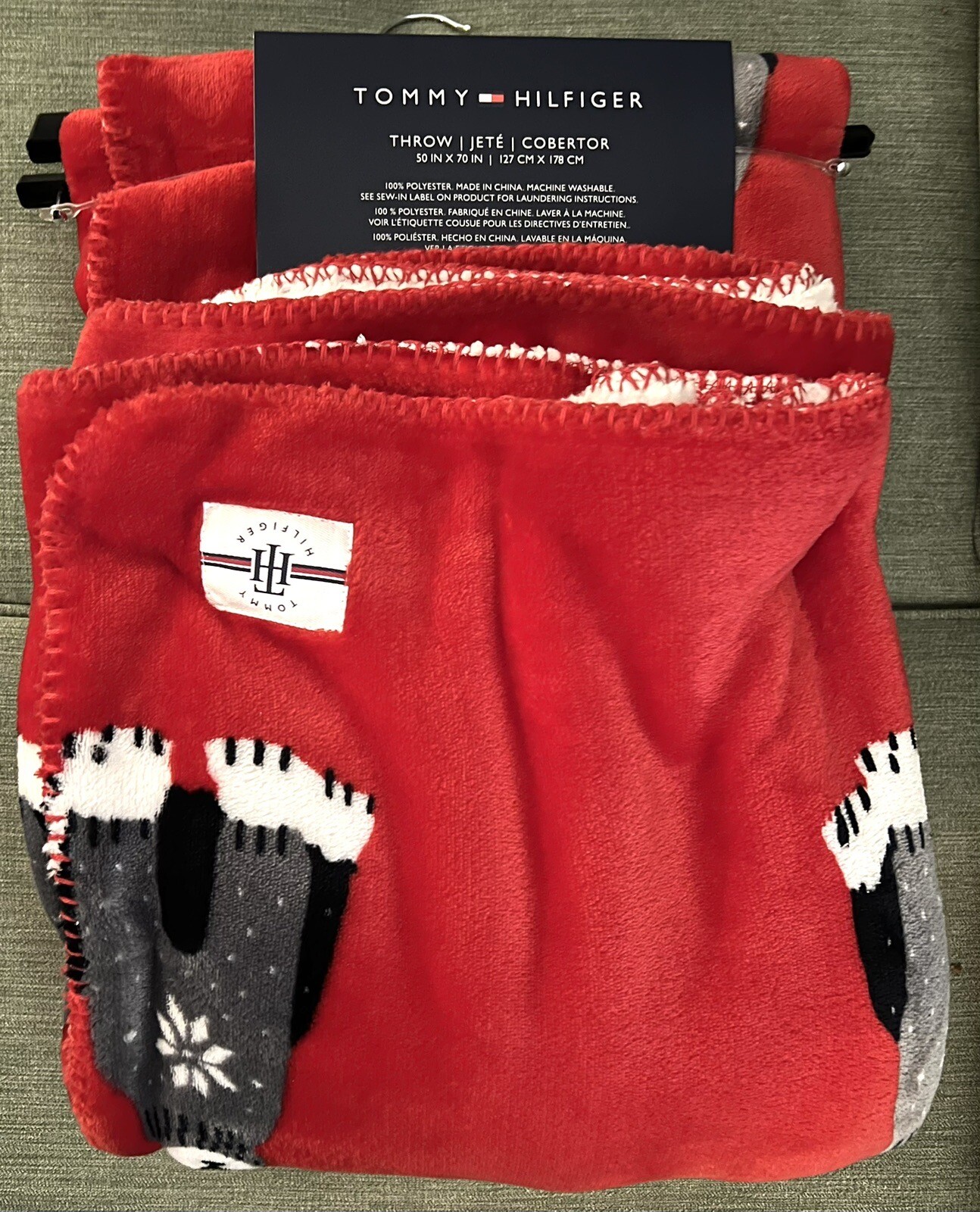 NEW Tommy Hilfiger POLAR BEARS Red Fleece & Sherpa Throw Blanket Plush