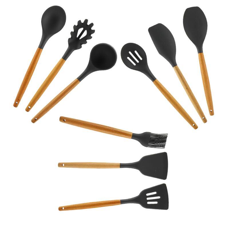 Silicone Kitchen Utensil Set Wood Handle Cooking Tools Home Restaurant