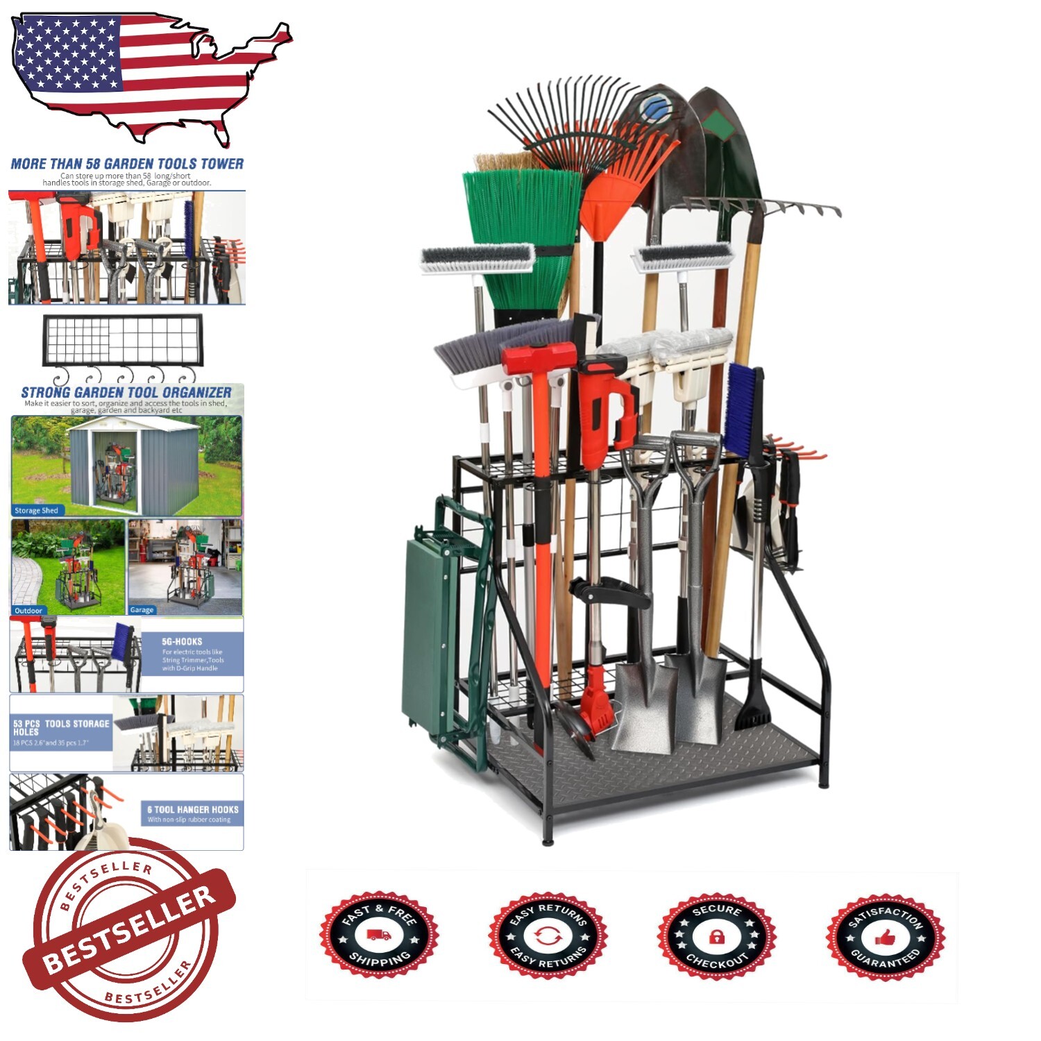 Heavy-Duty Yard Tool Storage Rack - Rust-Proof 58-Tool Capacity Easy Assembly  