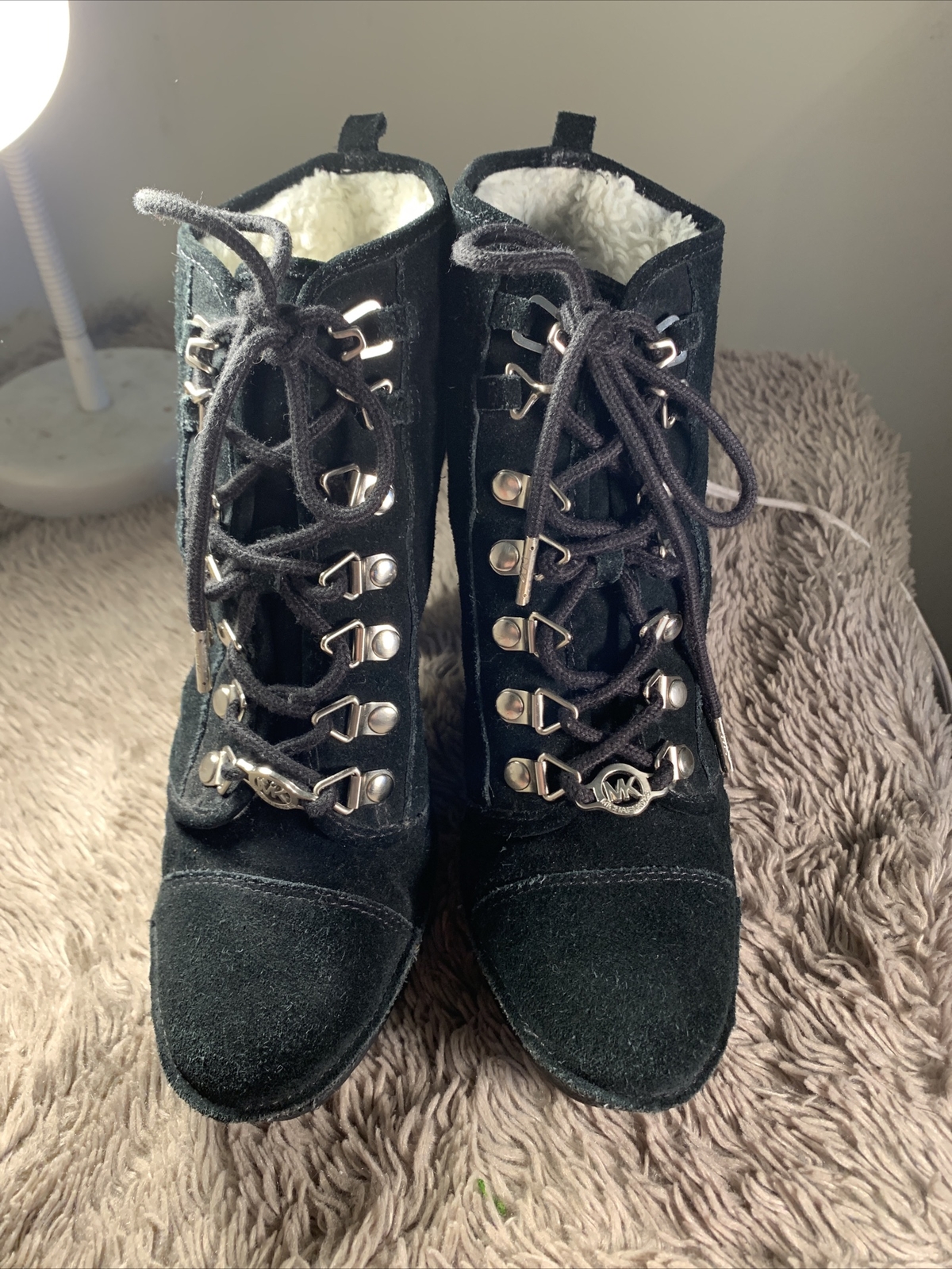 Micheal Korra Black Suede Lace Up Fur Lined Boots eBay