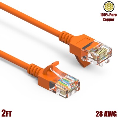 2FT Cat6A RJ45 Slim Ethernet LAN Network Cable UTP Copper Wire 28AWG Orange