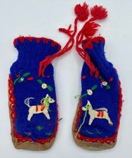 Baby Toddler Moccasin Booties Suede Sole Knit Upper Horse Blue Red 1950s Vtg Sm