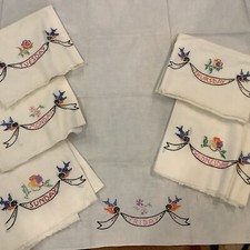 Hand Embroidered Kitchen Towels Blue Birds Of Happiness set 6 Day Of The Week