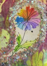 ACEO Art Card Original mixed Media Glitter Dandelion Rainbow