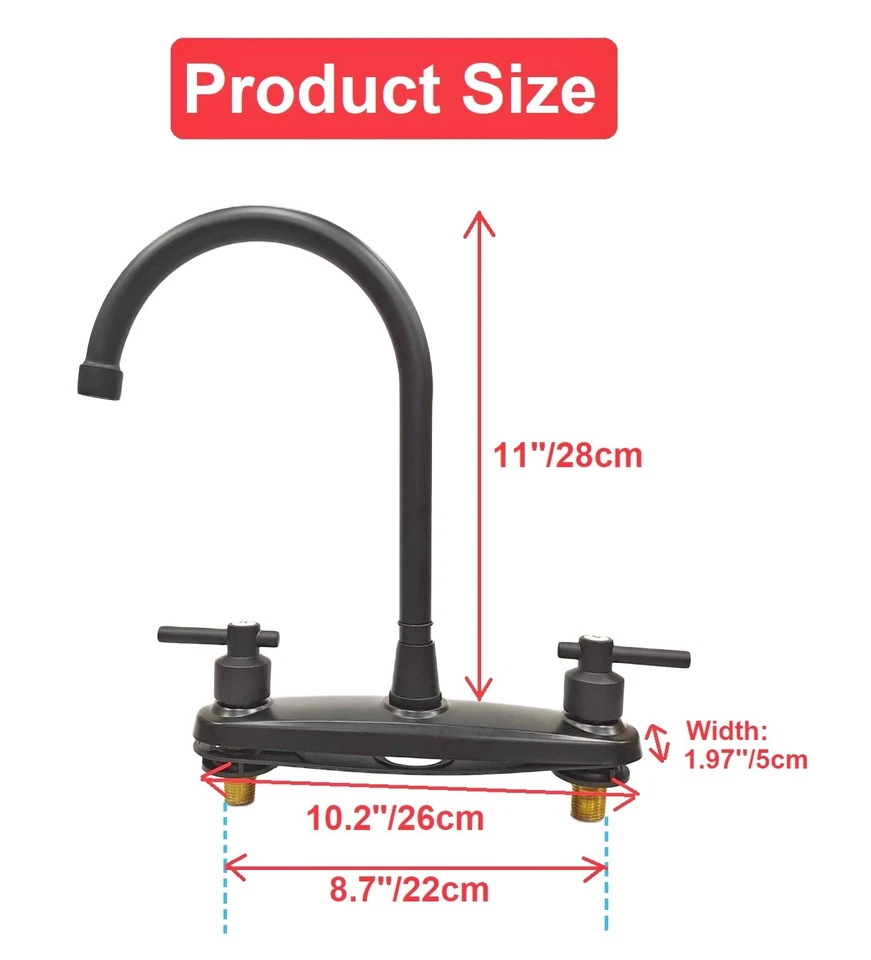 Матовый черный смеситель для кухонной раковины автофургона из нержавеющей стали 2 ручки 3 отверстия 8 дюймов G1/2 - Изображение 2 из 4