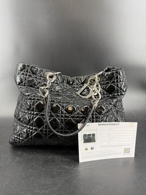 Authentic Dior Soft Lady Dior Large Black Cannage Patent Leather Shopper Tote