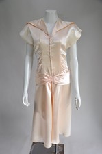 Vintage 1940s Gleaming Peach Satin Party Wedding Dress Buttons Tea Length M