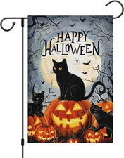 Happy Halloween Black Cat Garden Flag 12x18 Inch Double Sided, Multicolor 
