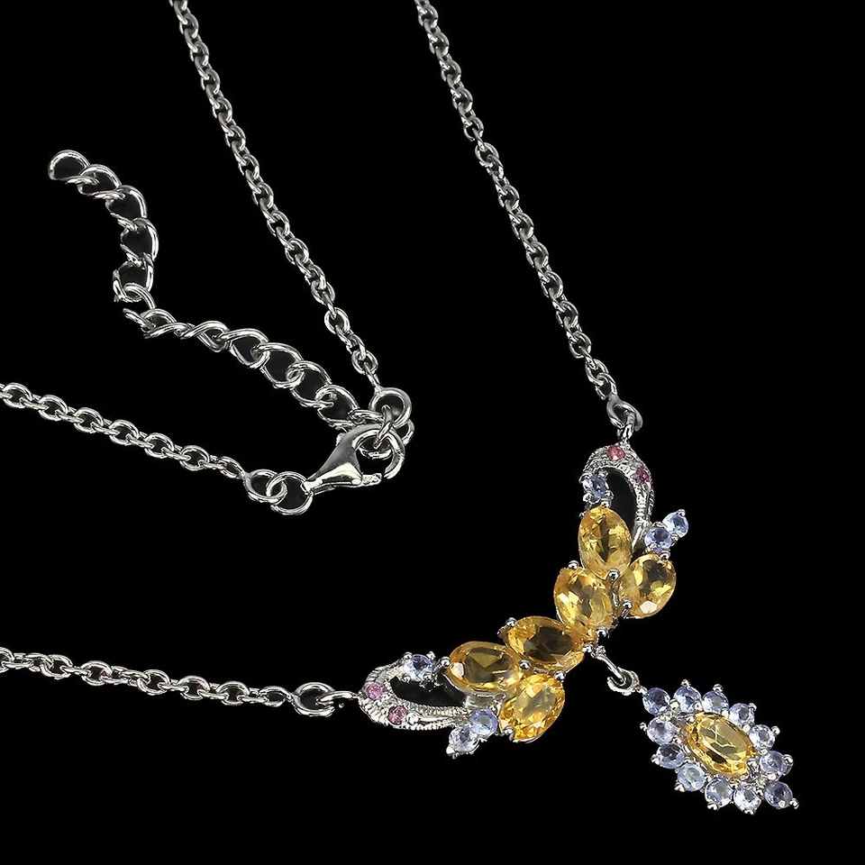 925 Argento Sterling Collana Ovale Citrino Rodolite Tanzanite Naturale Gemma 1 - Immagine 3 di 4
