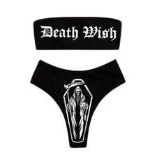 Women Skull Letter Pattern Goth Bikini Set 2 Piece High Waist Bandeau Swimsui...
