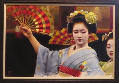 Phil Couture Original Painting Japanese Geisha Dance 42 x 30.5 Framed (COA)