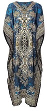 Women Maxi Kaftan Polyester Dress Beach Holiday Free Size Night Dress Teal Blue