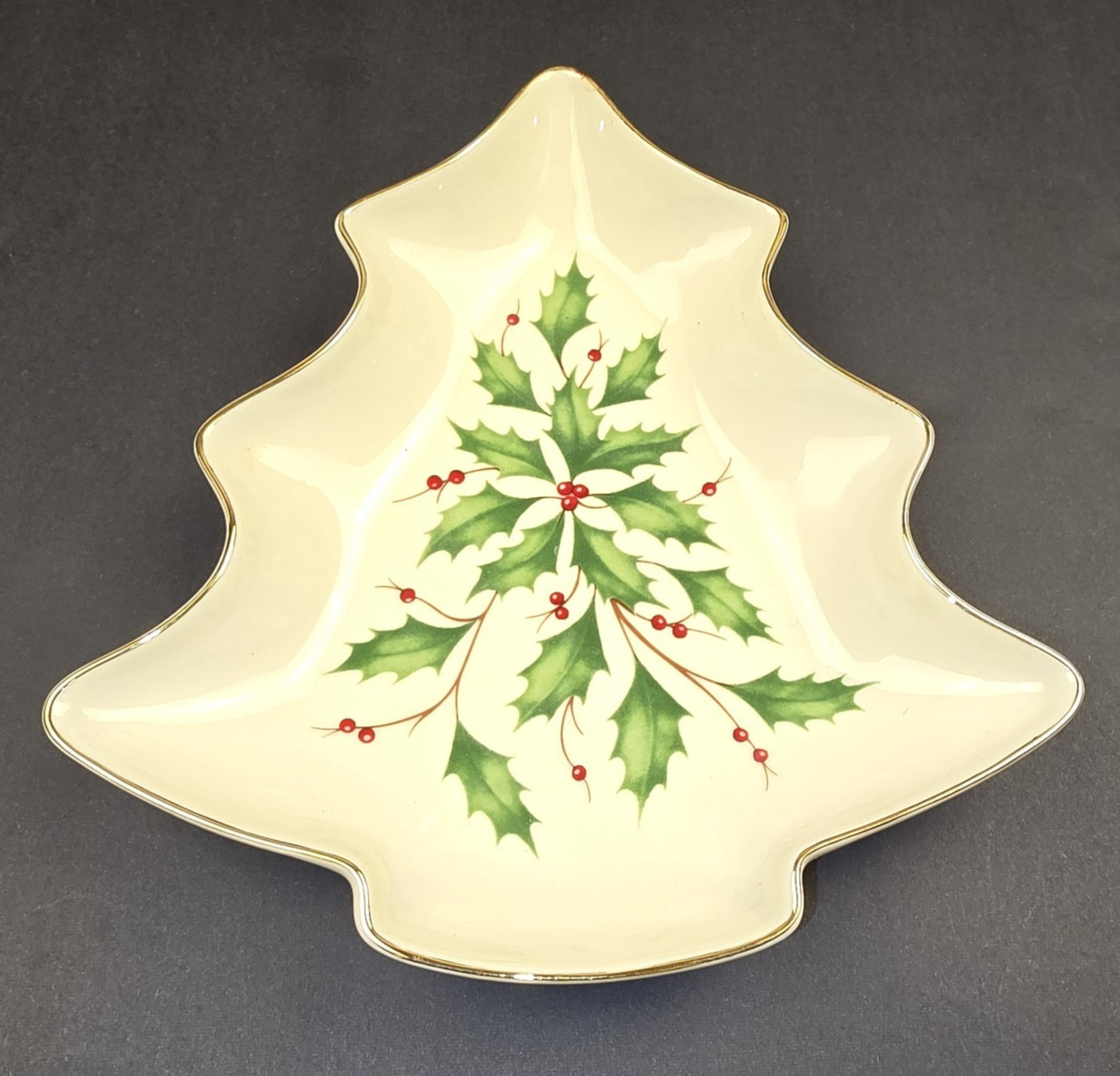 Lenox Fine China Christmas Tree Shaped Holly Candy Dish Holiday Plate EUC