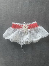 Bridal Wedding Garter Satin Red  White Lace Beaded Bow Heart