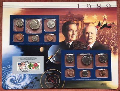 USA 1989 P & D postfrisch 10 UNC Münzsatz: 1 Cent ~ Kennedy Hälfte ~ Info-Karte & Briefmarken