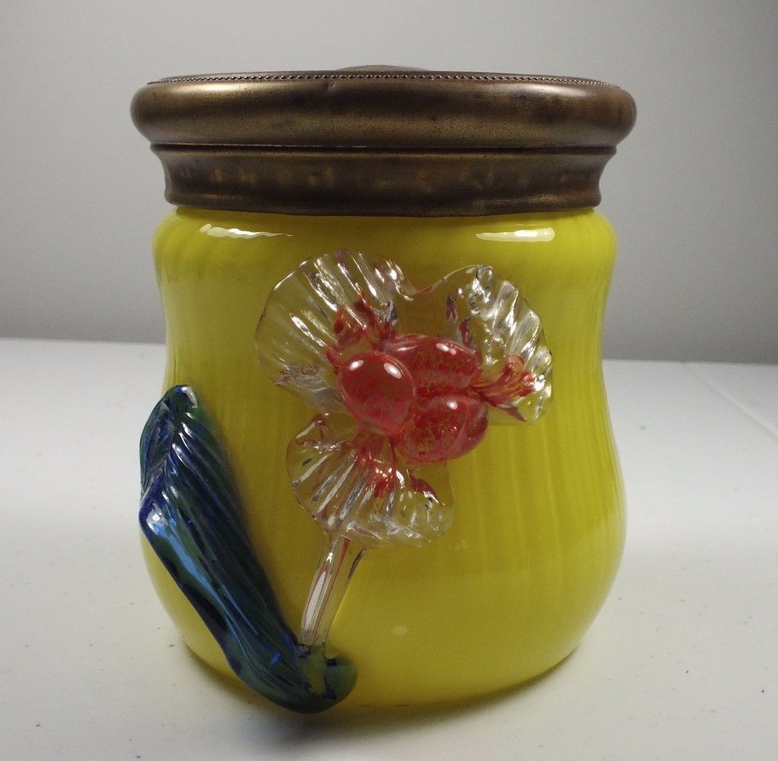 Victorian Yellow Glass Dresser Jar W Applied Flower & Brass Lid W