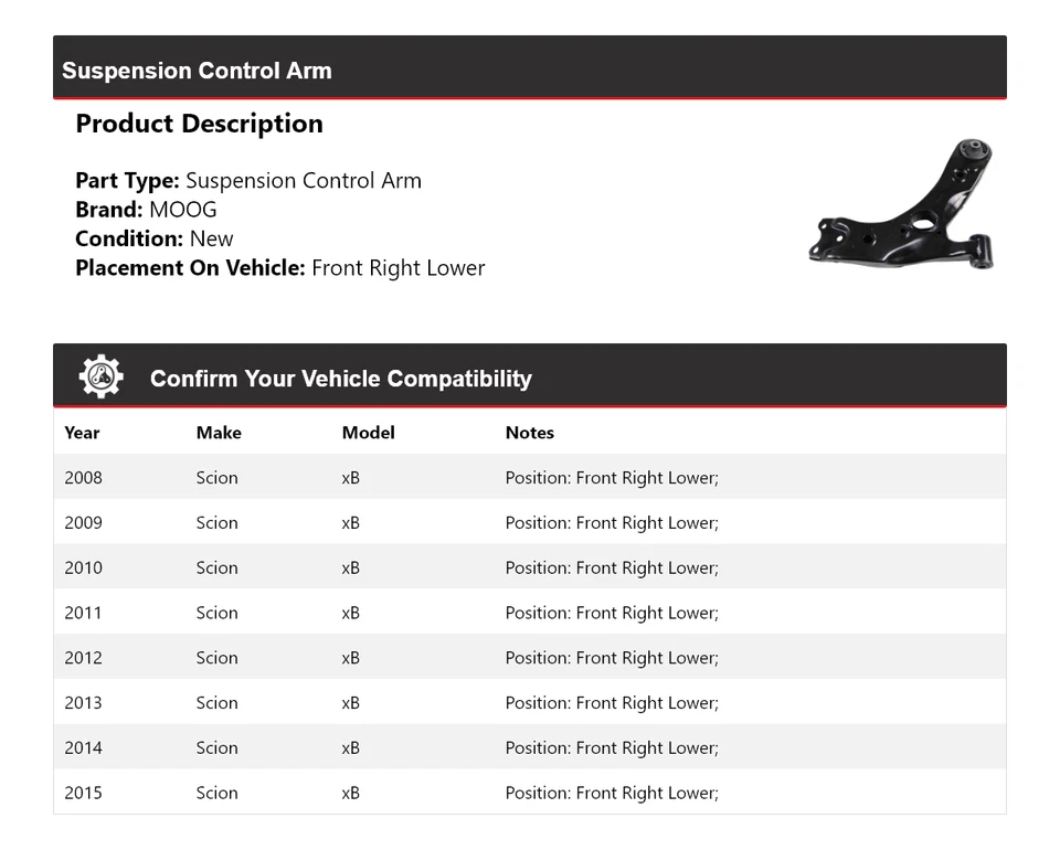 Brazo de control de suspensión delantero derecho inferior MOOG 2008-2015 Scion xB 2008 2009 Foto 2 de 4