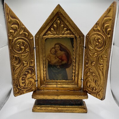 Vintage Italian Florentine Madonna Religious Prayer Triptych Gilt Fold Out Alter