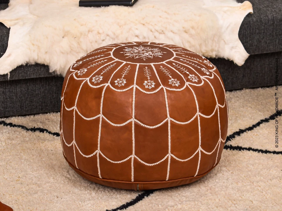 МЯГКИЙ кожаный ножной табурет оттоманка, ручной работы марокканский пуф, кожаная мебель - Изображение 4 из 4
