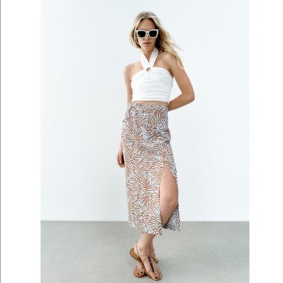 Zara Zebra Print Midi Skirt Size S Blue Brown UK