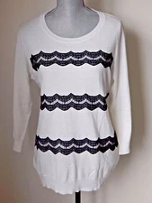 NWT ELLE Lace Embellished Exclusive Decoration Crew Neck Sweater Top WHITE XL