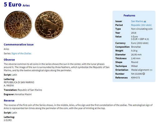 Monedas de San Marino 5€ 2018 2019 2020 2021 Zodiaco firmado por Leo Aries Tauro Canc - Imagen 14 de 25