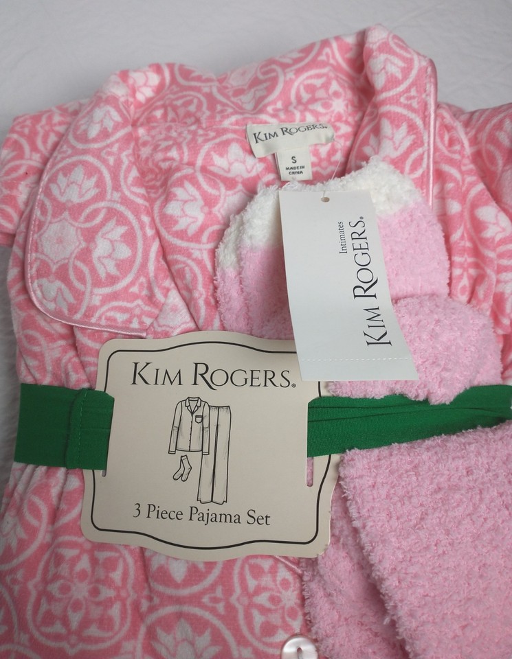 Kim Roger’s Pajama Set Size Small Button Down Pink Floral Collar 3 ...