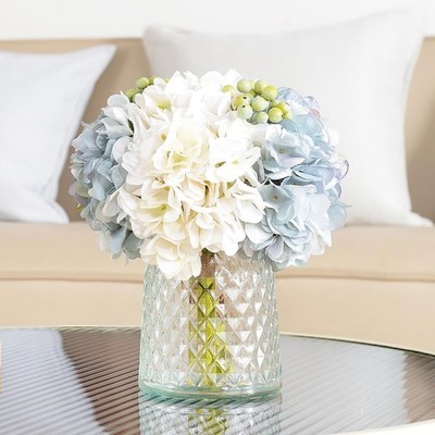 Hydrangeas Floral Arrangement in Glass Vase, Fake Flowers Silk Hydrangea Arti...