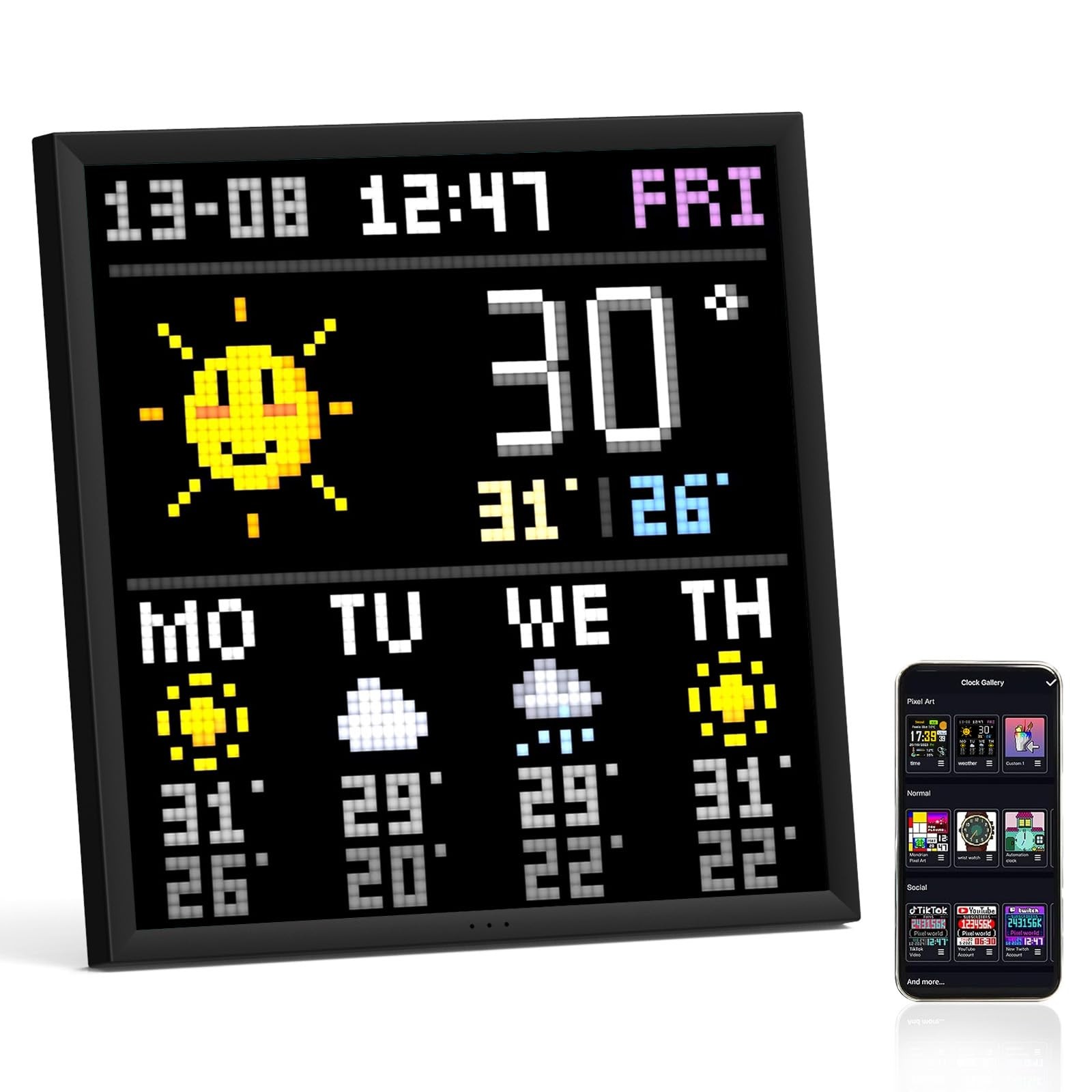 Horloge digitale RGB 64x64 Pixoo-64, idée cadeau geek