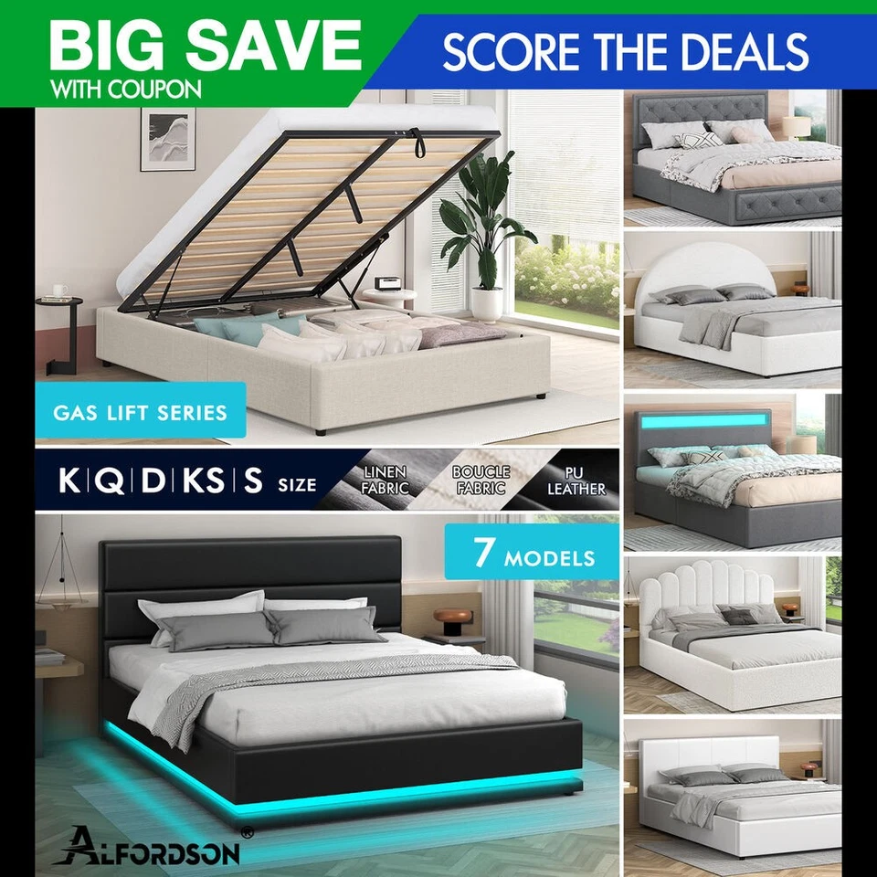 ALFORDSON Bed Frame Double Queen King RGB LED Gas Lift Storage Base Leather