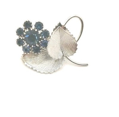 Silver Blue Flower Rhinestone Brooch Forget Me Knot Pin Vtg Mid Century MOD