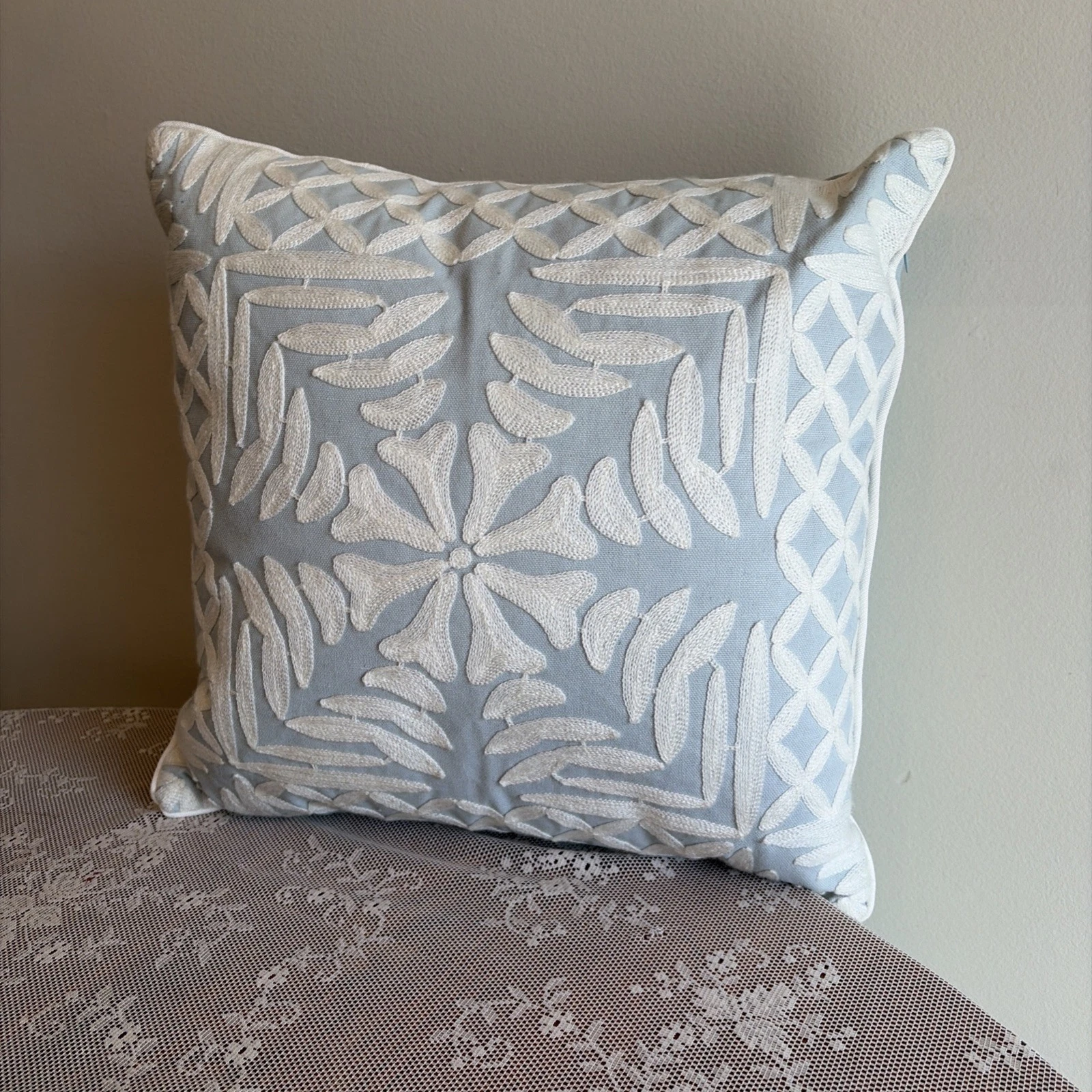 Decorative Throw Pillow Light Blue with White Embroidered Floral Geometric 18”
Opens in a new window