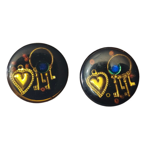 Vtg 1980s Junque Deco Button Key Heart Lucite Encased Pierced Earrings
