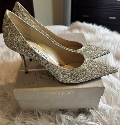 Jimmy Choo Love 85mm Gold Glitter Pump Heels N7059 Size 40.5 / 10.5 US