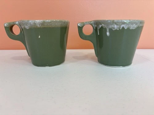Set Of 2 Vintage HULL Pottery Avocado Green DRIP GLAZE Coffee Mugs USA MCM