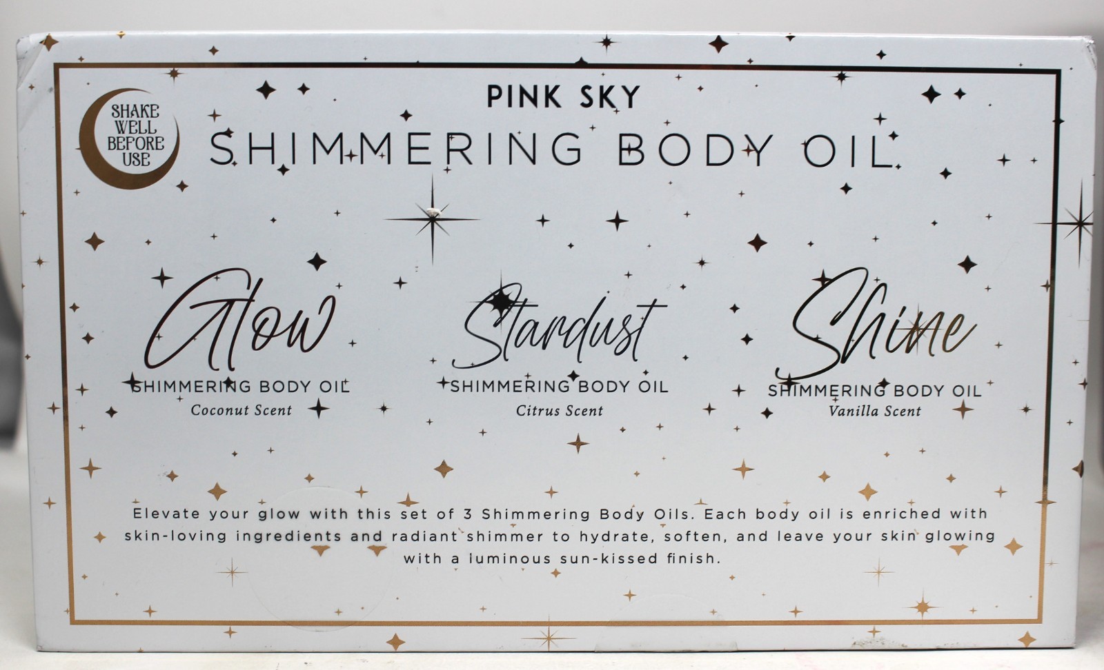 Pink Sky Shimmering Body Oil Set of 3 Vanilla Citrus Coconut Discover Your Glow
