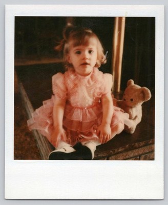 2000 Polaroid Snapshot Toddler Girl Pink Ruffled Dress Teddy Bear Vintage Photo