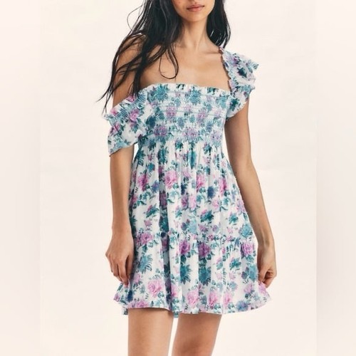 LoveShackFancy Femmes Nadja à Smocks Ruche Mer Orchidée Coton Court Mini Robe S - Photo 2 sur 21
