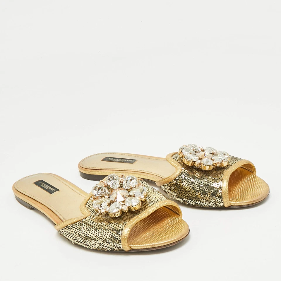 Dolce Gabbana Gold Sequins and Leather Sofia Crystal Embellished Slide Flat - Image 4 of 4
