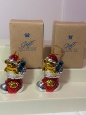 1998 Avon Brilliant Festive Ornament Stocking Bear in Stocking Glass Set of 2 