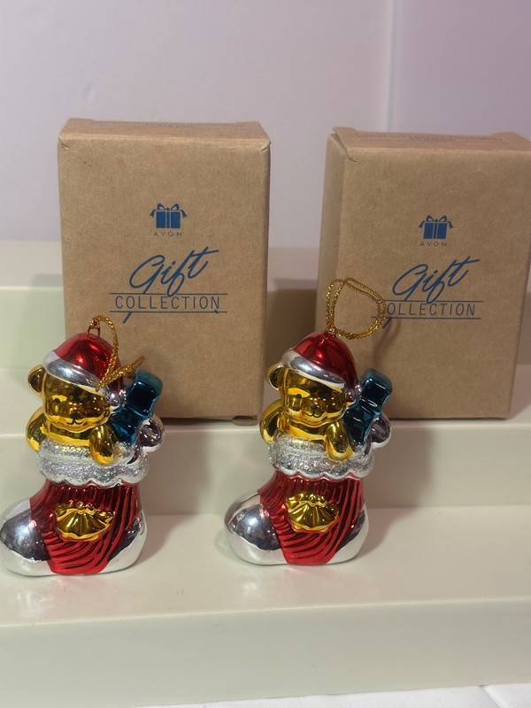 1998 Avon Brilliant Festive Ornament Stocking Bear in Stocking Glass Set of 2 
