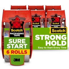 Scotch Sure Start Packing Tape, Clear, Quiet Unwind and 6 Rolls, Transparent