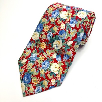 Paul Frederick Floral Tie Cotton Red Blue Green Handmade USA Floral Mens EUC